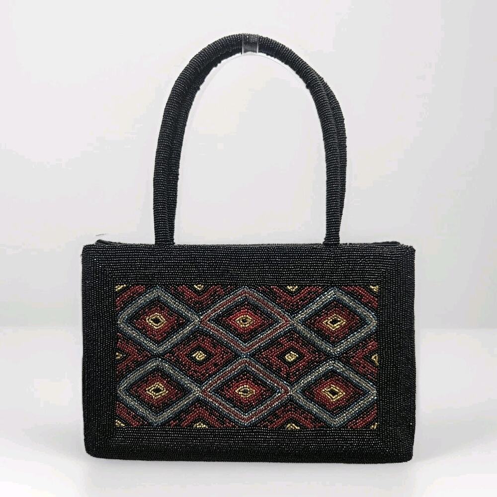 Vintage 90s MILLICENT Beaded Purse Dbl Top Handle Geometric Boho Southwestern